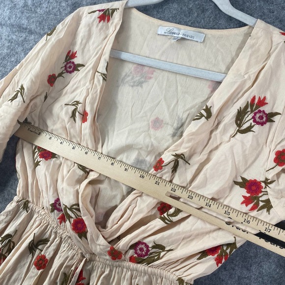 Lovers & Friends Dress Small Beige Embroidered Rose Floral V-Neck Short Sleeve - Picture 6 of 12
